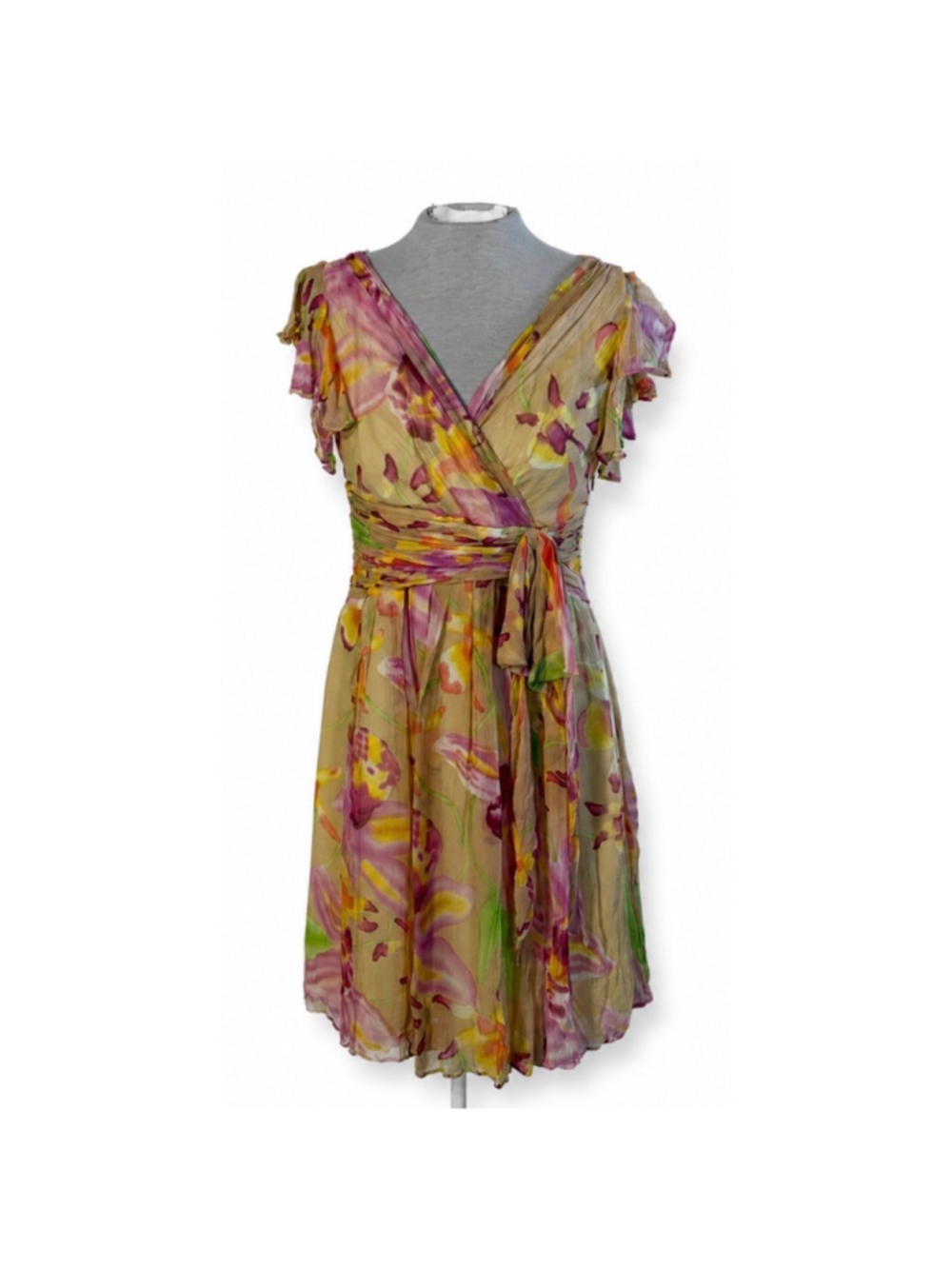 Coldwater Creek Floral Crinkle Silk Dress Women’s Size 14P Petite Yellow Pink